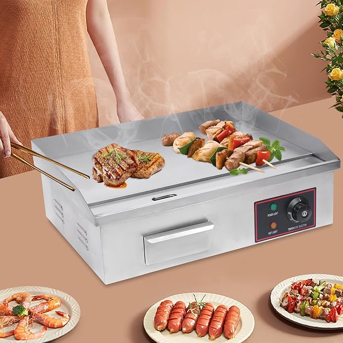 Electric Countertop Griddle Commercial BBQ Grill, Stainless Steel BBQ Flat Top Grill Hot Plate Countertop Electric Stove with Adjustable Thermostatic Control for Steak Kitchen (1.6KW)