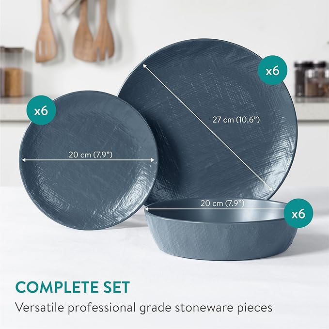 Navaris Linen Artisan Stoneware Dinnerware Set - 18 Pieces in Smoky Blue: Dinner Plates, Side Plates, Pasta Bowls - Dishwasher & Microwave Safe