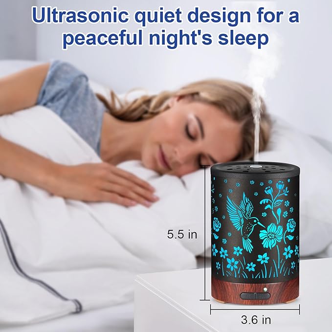 Essential Oil Diffuser- Aromatherapy Diffuser with7 Colors Light and Auto-Off for Women Metal Cool Mist Humidifier for Home and Office for Mom Women（Hummingbird）