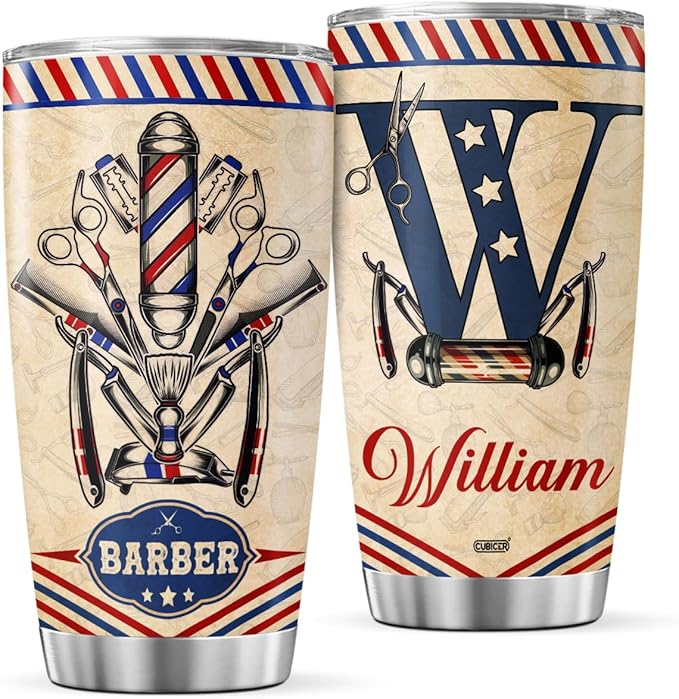 Personalized Initial Coffee Tumbler Barber Hair Stylist Travel Mug With Lid Custom Name Appreciation Birthday Gifts For Teens Men Boys Coworkers Insulated Cup Cold Steel Tumblers