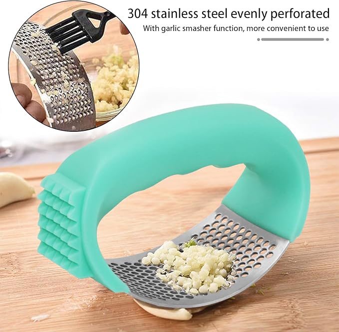 Upgraded Garlic Press Rocker, 2025 New Stainless Steel Garlic Presser, Garlic Mincer Crusher Masher with Peeler and Cleaning Brush, Garlic Chopper for Smash Garlic Kitchen Gadgets Tools (A-GREEN)