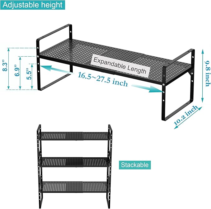 iPEGTOP 2 Pack Large Expandable Cabinet Storage Shelf, Heavy Duty Stackable Steel Metal Spice Rack Adjustable Height Home Office Pantry Garage Shelves for Counter Kitchen Organization, Black