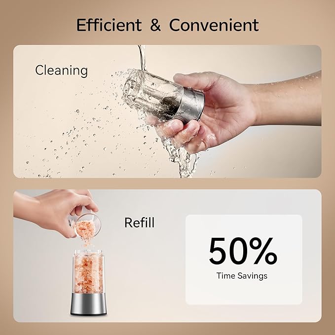 Electric Salt and Pepper Grinder Set, Gravity Operated, USB-C Rechargeable & Charging Base, Stainless Steel, Dual LED Guiding Lights, Comfortable Grip, Adjustable Coarseness, Perfect for Kitchen