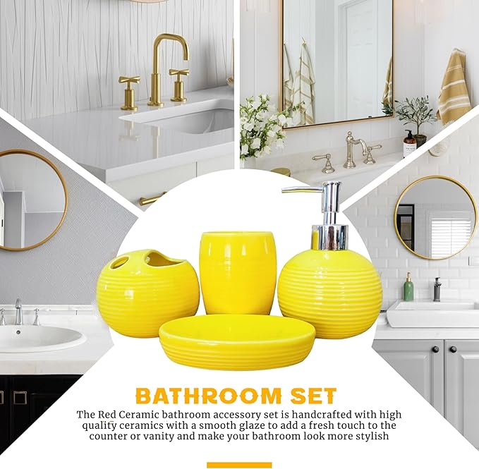 4Pcs/Set Yellow Bathroom Accessories Ceramic Vibrant Soap Dispenser with Toothbrush Holder & Soap Dish & Cup Complete Toothbrush Holder Set