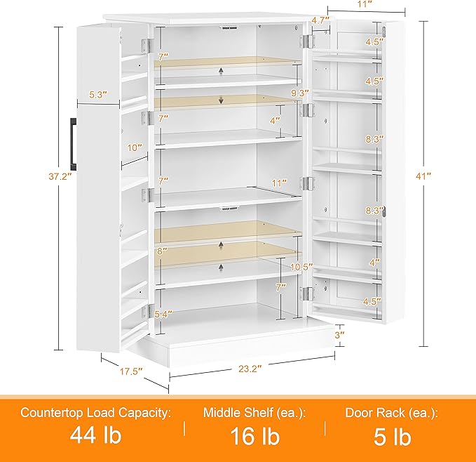 Yaheetech Kitchen Pantry Storage Cabinet, 41" Pantry Cabinets with Doors and 6 Adjustable Shelves, Freestanding Pantry Cupboard for Kitchen, Dining Room, Living Room, Small Place, White