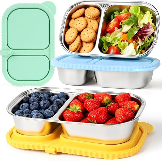 YQL 3 Pack Stainless Steel Food Containers with Colorful Silicone Lids – 2-Compartment Leakproof Lunch Snack Boxes for Meal Prep, Office, Travel, Camping – Reusable Bento Storage Set