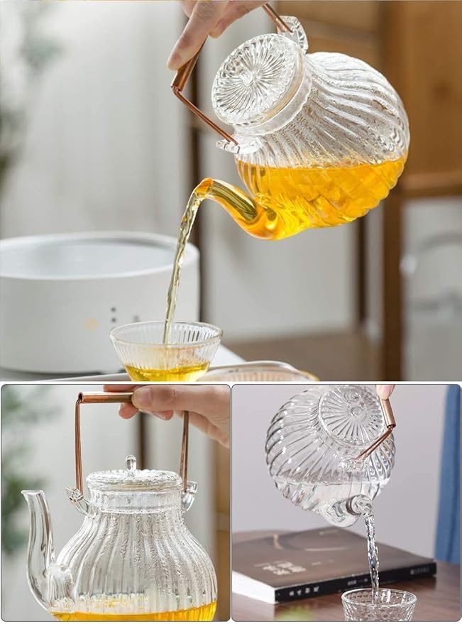 IwaiLoft Stovetop Safe Glass Teapot with Removable Infuser Fine Borosilicate Tea Pot perfect for Fruit Flowering Tea Canister Premium Quality Tea Kettle Gift IW-G086 (25OZ, LINE)