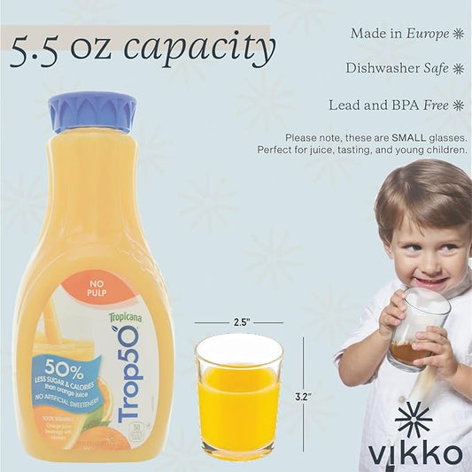 Vikko MINI Orange Fruit Juice Glasses, 5 oz, Set of 6 SMALL Durable Glass Tumblers, Dishwasher Safe