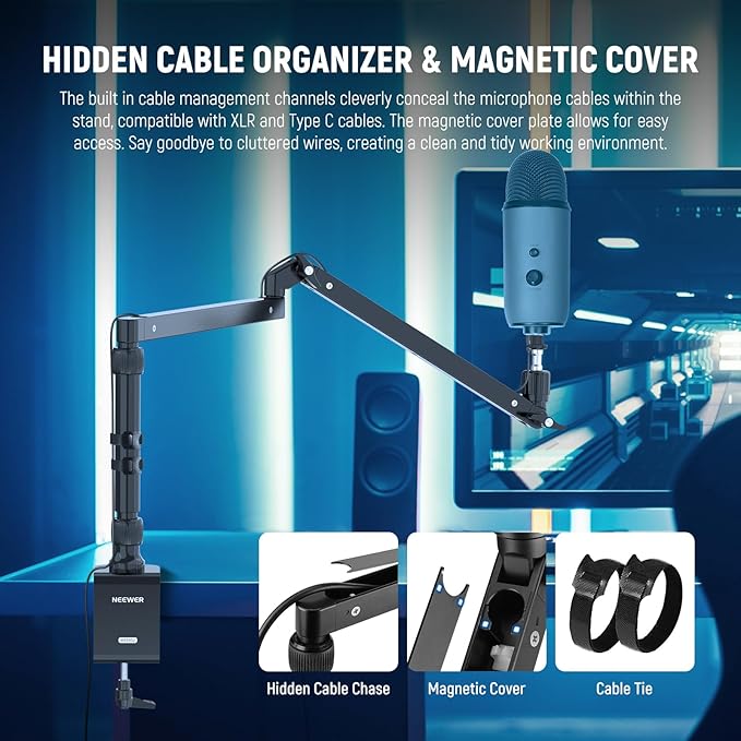 NEEWER Low Profile Mic Arm Desk Stand Mount with Damping, 360° Swivel Articulating Boom Arms with Heighten Pole & Cable Management Channels for Microphone Podcast Gaming Streaming Zoom Calls, MST002