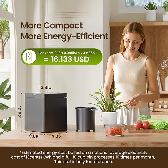 TOPZEE Electric Compost Bin for Kitchen - 3L Countertop Composter with Odorless Auto-Cleaning, Turns Food Waste to Fertilizer in 4 Hours, for Indoor Home Use, Black