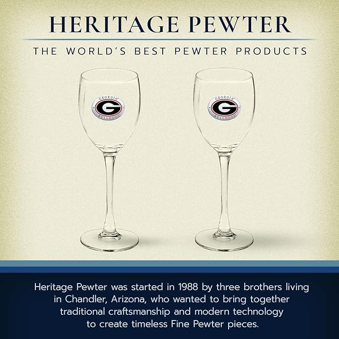 Heritage Pewter Georgia Bulldogs Glass Goblets – Set of 2 | 12 Ounce Goblet Wine Glasses, Expertly Crafted Pewter Glass
