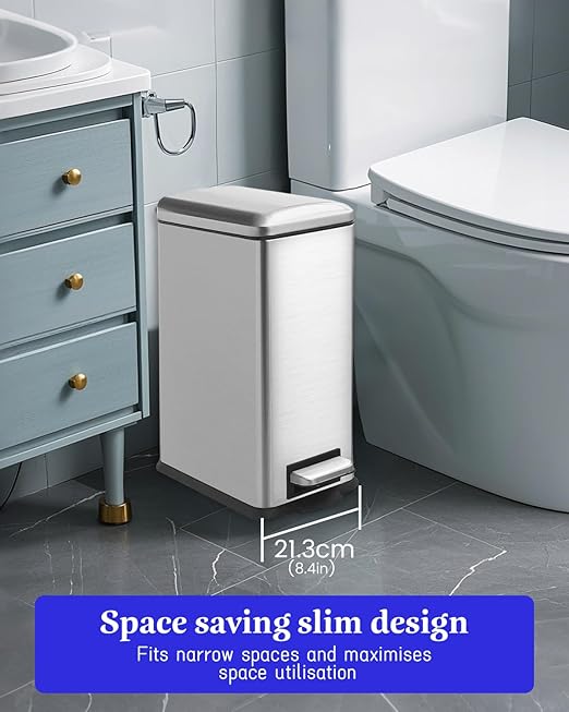 Large Bathroom Trash Can, 16.7L/ 4.4 Gallon Trash Can with Removable Wastebasket, Hand Free Garbage Can with Soft close Lid, Stainless Steel Skinny Trash Bin for Bedroom, Home Office, Silver