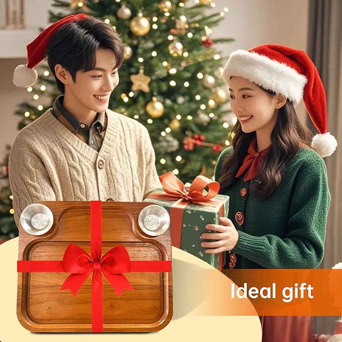 Wooden Steak Plates include 2 Sauce Cups, Wood Steak Board Set Serving Tray for Food Meat Cutting Board with Juice Groove, Charcuterie Board Platter for Home