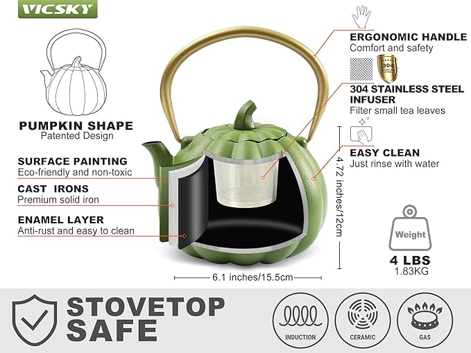 VICSKY Pumpkin Cast Iron Teapot (40 oz/1200 ml), Cute Natural Pumpkin Shape, Cast Iron Tea Kettle with Enamel Coated for Loose Tea Leaf, Stovetop Safe(Light Green)