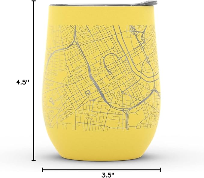 Well Told Engraved Nashville Tennessee Map Insulated Wine Tumbler, Etched Stainless Steel Cup (12 oz, Sunrise Yellow) City Map Insulated Tumbler, Custom Insulated Tumbler, Outdoor Drinkware