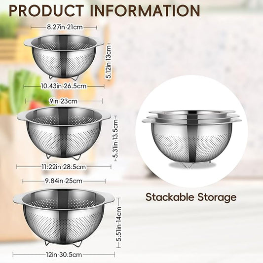 GOLDEN KEY Stainless Steel Colander for Kitchen, 3 Pcs Stainless Steel Strainer,Strainers and Colanders,Pasta Strainer with Handle for Vegetables Cooking Food,Dishwasher Safe(3QT,4QT,5QT)