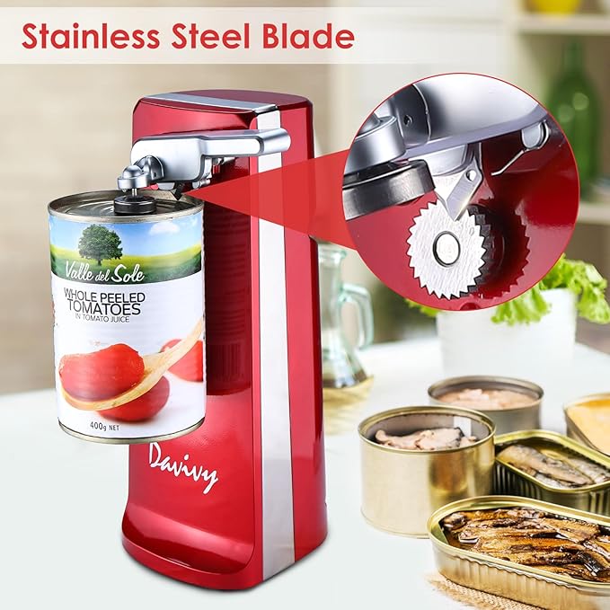 Davivy Electric Can Opener, One Touch Lid Opening, Removable Stainless Steel Cutter and 3-in-1 Design, with Sharpener and Bottle Opener, Red (Red)