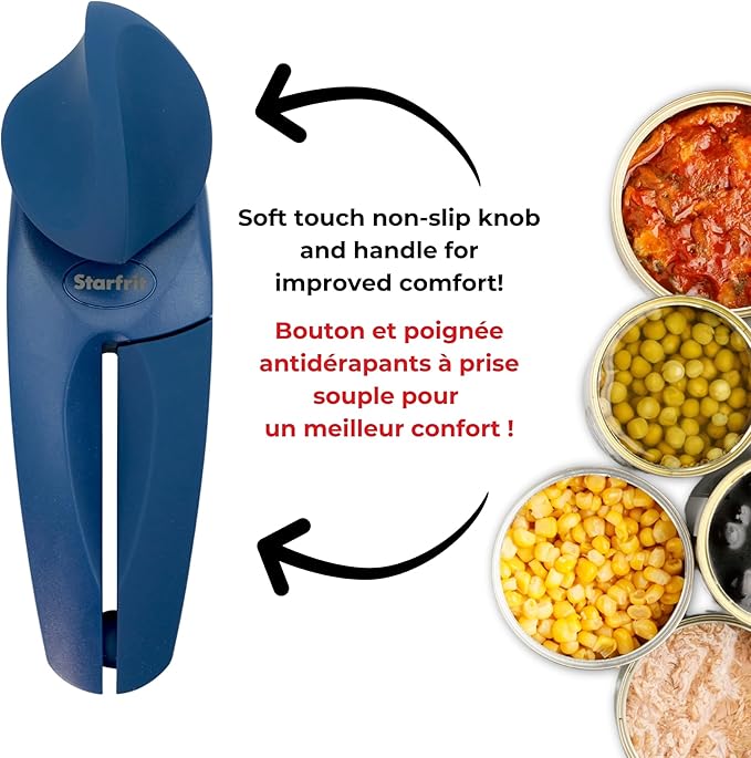 Starfrit MightiCan Can Opener - Safe - Holds Lid and Leaves No Sharp Edges on Lid - 3 Year Warranty - Comfort Grip - Heavy Duty Non-Slip Knob - Blue