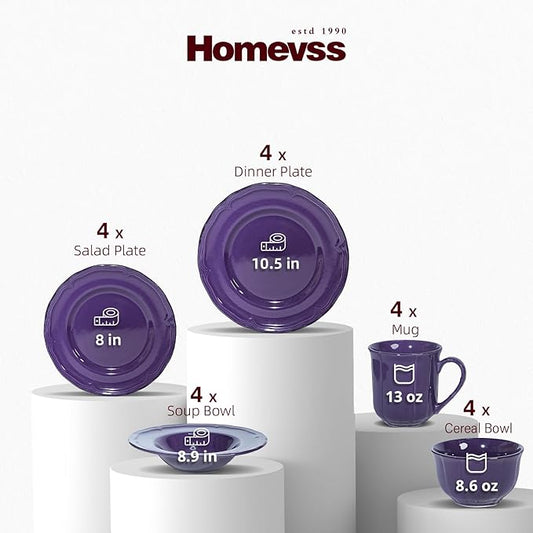 20pc Dinnerware Set, Plate and Bowl Set, Stoneware Dishes Set for 4, Microwave and Dishwahser Safe, Scratch Resistant, French Countryside Speckled Antique Purple