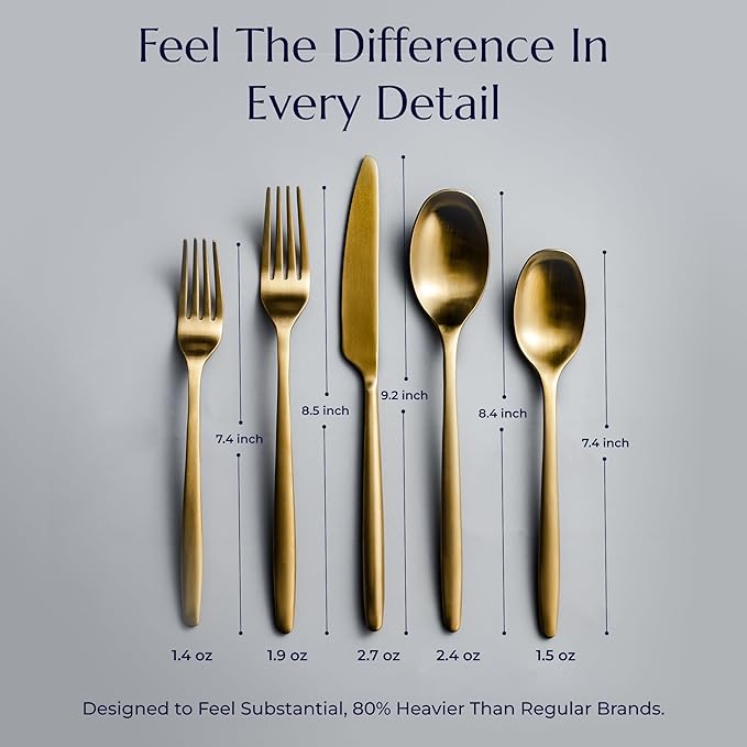 JazzUpCo Ava Flatware Flatware non toxic 18/10 stainless steel dishwasher safe (Matte Gold, 8 Person Set (40 Pieces))