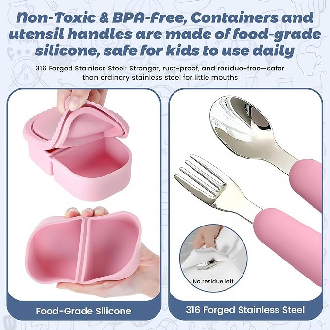 Silicone Snack Containers for Kids (8.5Oz, 2-Compartment)+ Kids Silicone Cutlery Set (Spoon and Fork) - BPA Free, Leak Proof, Great for Toddler/Kid/Adult Meal Prep Containers (pink)