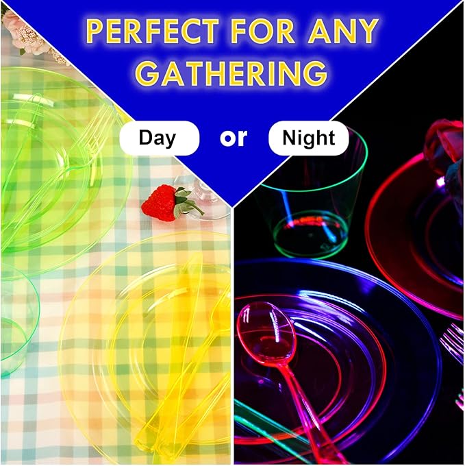 Supernal 216pcs Plastic Dinnerware Set include Rainbow Disposable Plates for Party Heavy Duty,Colorful Disposable Cups,Plastic Silveware in Neon Pink,Blue,Green,Yellow, Pefect for Birthdays