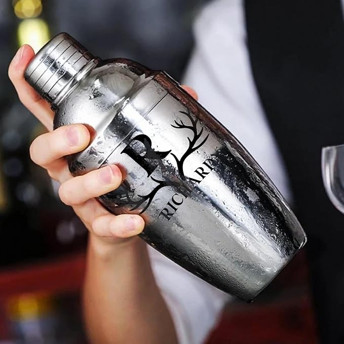 Personalized Cocktail Shaker 24oz - Custom Stainless Steel Bar Kit with Engraved Name, Built-in Strainer & Measuring Jigger & Spoon, Gift for Bartenders & Cocktail Lovers (Antler Design)
