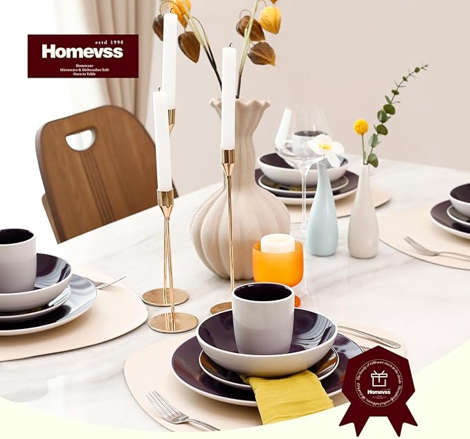 Stoneware Coupe Shape 16pc Dinnerware Set, Outside White + Inside Violet