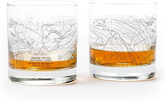 Black Lantern Whiskey Glasses - National Park Topographic Map Old Fashioned Glasses - 11oz. Rock Glass Set of 2 - Cocktail & Everyday Use Drinking Glasses - Dishwasher Safe (Grand Teton)