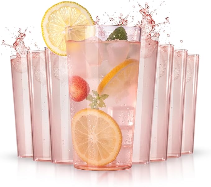 Liacere Plastic Drinking Glasses Set of 12-18oz Highball Pink Reusable Plastic Glasses Colors, Water Glasses Cups,Tumbler Glassware Set for Beer, Juice, Cocktail, Milk for Mother's Day Valentine’s Day