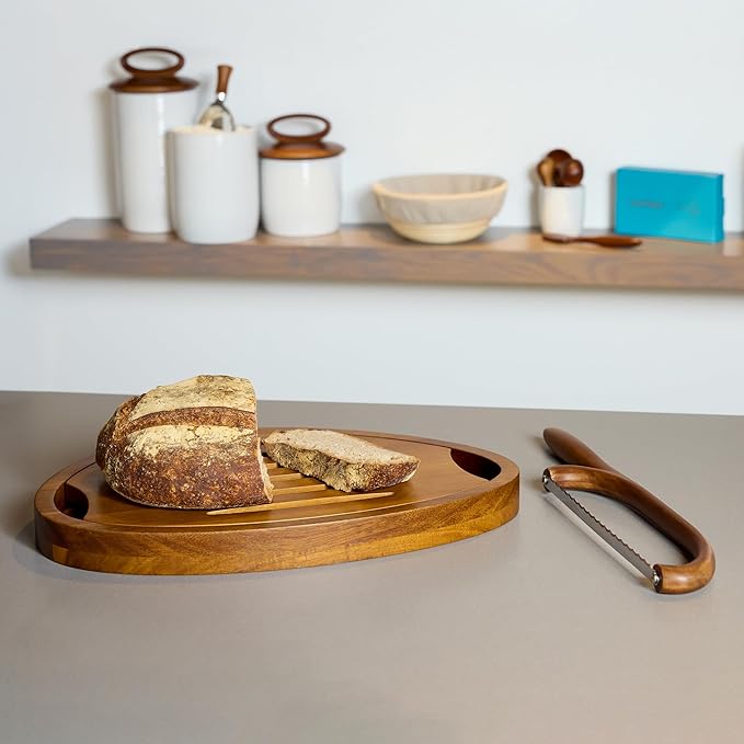 Nambe x Tom Papa Breaking Bread Cutting Board, 2-Piece Retro Style Acacia Wood Bread Board with Nesting Crumb Tray, Mid-Century Modern Serving Board for Slicing & Entertaining, 11.7” x 16”