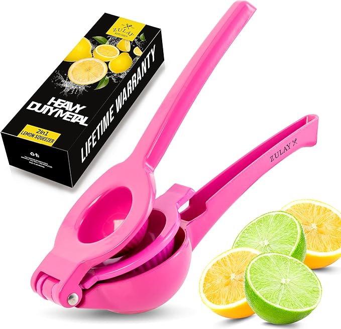 Zulay Kitchen Metal 2-in-1 Lemon Squeezer - Sturdy Max Extraction Hand Juicer Lemon Squeezer Gets Every Last Drop - Easy to Clean Manual Citrus Juicer - Easy-Use Lemon Juicer Squeezer - Dragonfruit