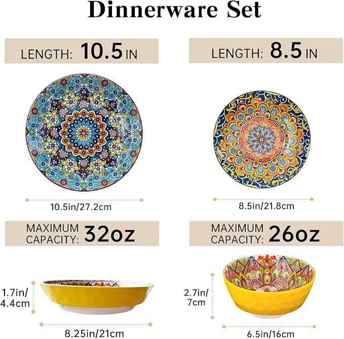 Plates and Bowls Set, Service for 4, 16 Pieces Ceramic Dinnerware Set, Microwave and Dishwasher Safe, Scratch Resistant, Bohemian Style Plates Set for Salad, Pasta, Dessert, Appetier