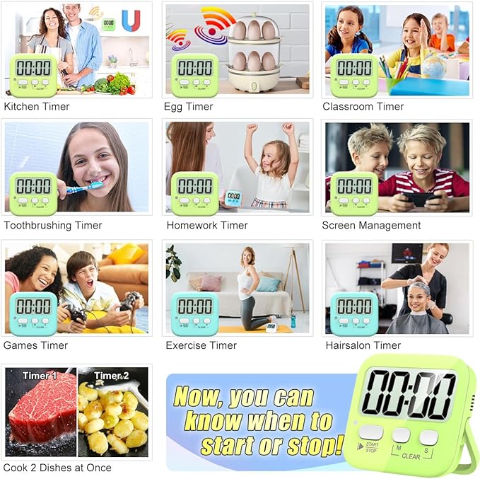 Antonki 2 Pack Digital Timer for Kids, Magnetic Countdown Kitchen Timers for Cooking, Egg, Classroom, Teacher, Exercise, Study, Oven - Battery Included