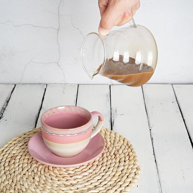 Bosmarlin Ceramic Cappuccino Cup and Saucer Set of 2, 10 Oz, Coffee Cups for Latte, Espresso, Tea, Dishwasher and Microwave Safe, Reavtive Glaze (Pink)