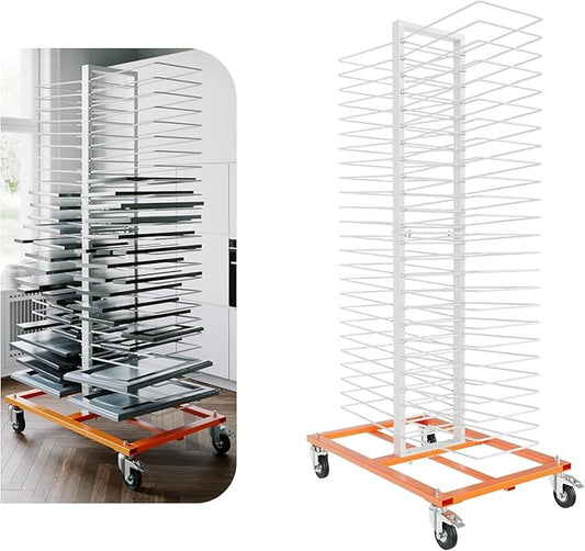 50 Shelves Paint Cabinet Drying Rack with 4 Caster Wheels, Cabinet Drying Rack, 25lbs/Shelf Capacity, Space Saving, Modern Style, Orange & White, Steel