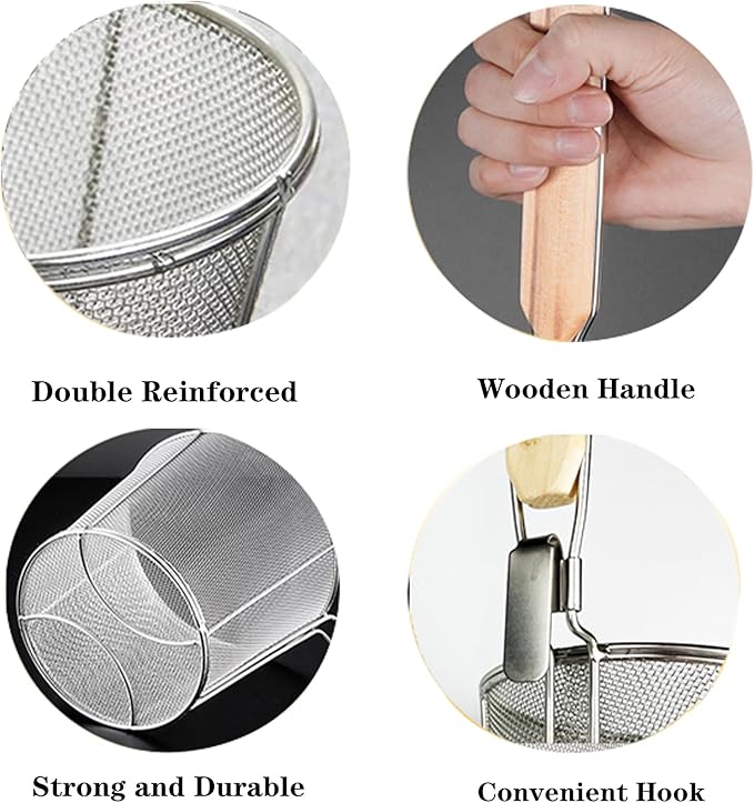 2 Pieces Pasta Strainer Basket Stainless Steel Fine mesh Pasta Strainer Basket with Wooden Handle Good For Boiling Food Spaghetti Dumpling (Dia 5.5inch/14cm)