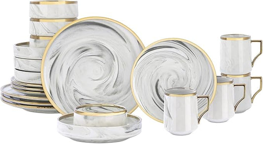 20 Piece Plates and Bowls Sets, Fine China Artisan Marbled Dinner Set for 4, Dishwasher Safe, Scratch Resistant, Grey with Gold Line