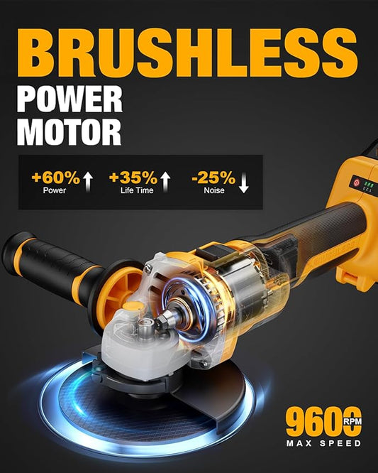Angle Grinder Cordless 20V Battery,9600 RPM Brushless Power Motor,4-1/2-Inch to 5-Inch,2x4.0 AH Battery Electric Grinder Tool Set, for Cutting,Grinding,Polishing