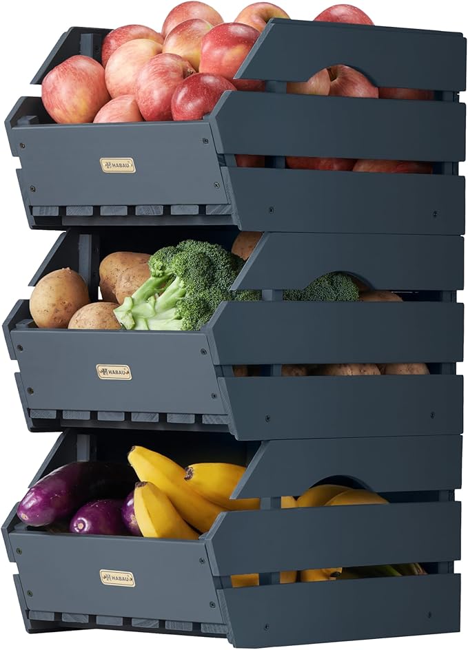 HABAU Wood Potato Onion Storage Bins - Wooden Stackable Produce Basket - Fruit Vegetable Storage for Kitchen Pantry Organization, Set 3 Pieces