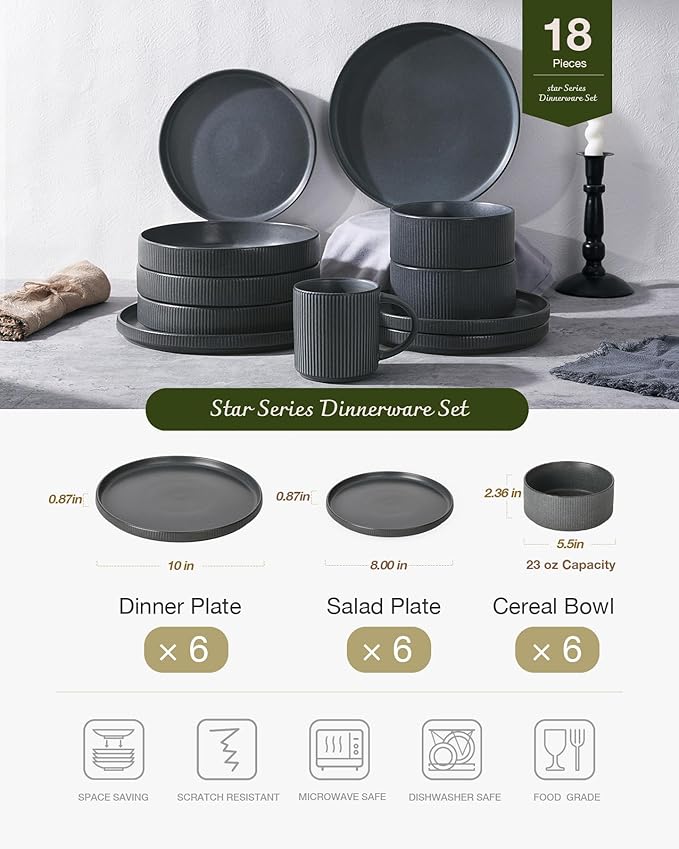 famiware Star Plates and Bowls Sets, Modern Stoneware Dinnerware Sets for 6, 18-Piece Kitchen Dish Set - Chip and Scratch Resistant, Microwave and Dishwasher Safe Tableware, Matte Dark Charcoal