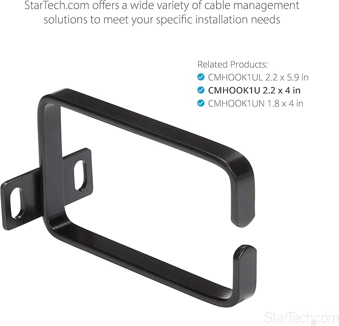 StarTech.com 1U Vertical 2.2 x 3.9in Server Rack Cable Management D-Ring Hook w/Flexible Opening - Network Rack-Mount Cord Organizer Ring (CMHOOK1U),Black (Pack of 2)