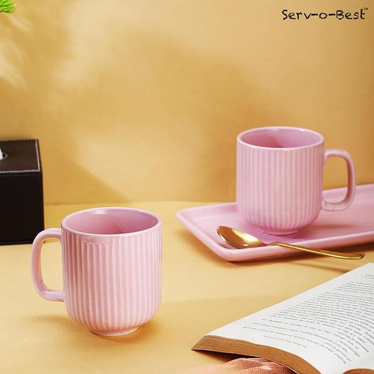 Ceramic Coffee Mugs with Handle Set – 2-Piece 11 Oz Ceramic Coffee Cups & 9" Tray, Handmade Pastel Pink Color, Microwave Safe Gift Set for Tea Lovers, Home Kitchen Décor