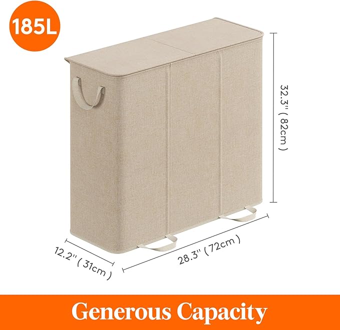 Lifewit Triple Laundry Hamper with Lid and Removable Laundry Bags, Large Collapsible 3 Dividers Dirty Clothes Basket with Handles for Bedroom, Laundry Room, Closet, Bathroom, College, 185L Beige