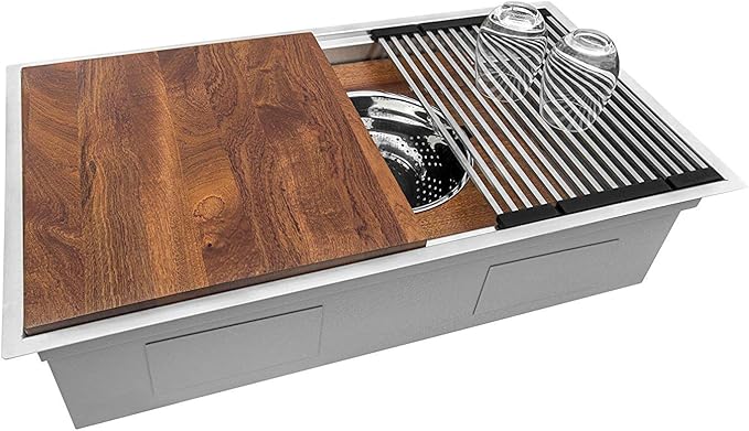 Ruvati 33-inch Undermount Workstation Kitchen Sink – 16 Gauge Stainless Steel kitchen Sink Single Bowl with Cutting Board & Accessories, Brushed Finish Hides Scratches – RVH8222