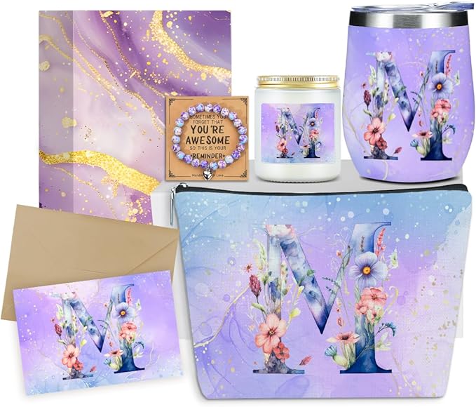Personalized Gifts Monogrammed Birthday Gifts for Women, Her, Teacher Mother in Law Wedding Christmas Initial Wine Tumbler Makeup Bag Scented Candle Bracelet Set, (Aesthetic Purple Flower M)