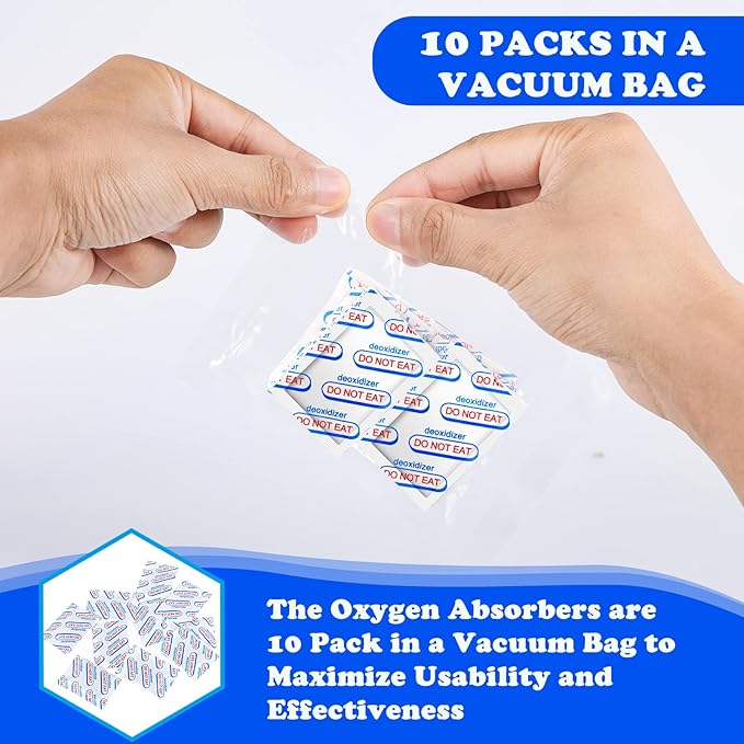 100 Packs 300CC Oxygen Absorbers (10 Packs in Individual Vacuum Bag), Food Grade Oxygen Absorbers for Long Term Food Storage, Perfect for Mylar Bags, Canning, Mason Jars