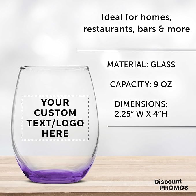DISCOUNT PROMOS Custom Stemless Wine Glass 9 oz. Set of 10/50/100, Personalized Bulk Pack - Great for Wedding Favors, Bachelorette Party Decorations, Party Favors - Purple
