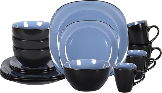 Stoneware Square 16pc Dinnerware Set, Inside Shiny Blue + Outside Matte Black
