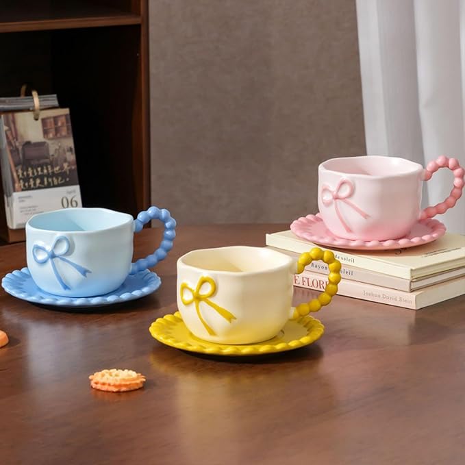 Bow Coffee Mug Blue Coquette Coffee Mugs Set with Saucer 12 OZ Porcelain Tea Cup Bow Cute Mug for Women Girl